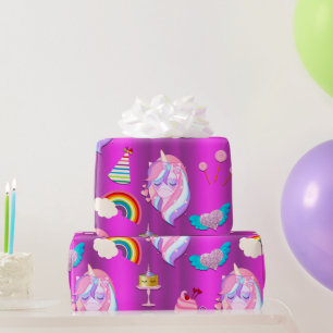Papier Cadeau Soirée d'anniversaire de la Unicorne sur rose