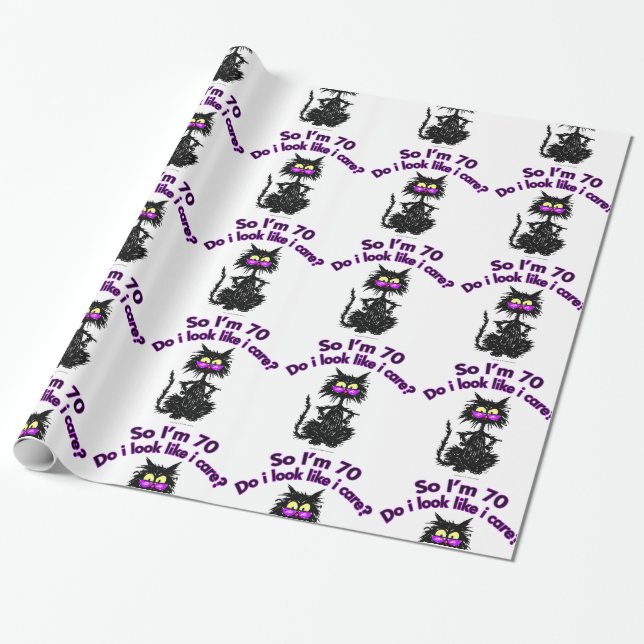 Papier Cadeau soixante-dixième Cadeaux de chat d'anniversaire (Déroulé)
