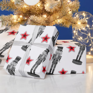 Papier Cadeau Soldat Noir et Blanc Rouge Stars Nutcracker