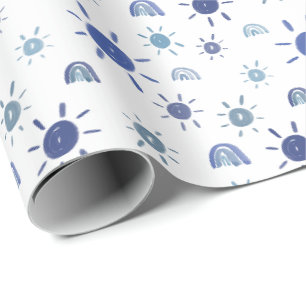 Papier Cadeau Soleil de Bohême et arcs-en-ciel en bleu