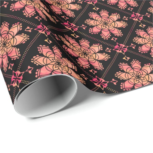 Papier Cadeau Soleil Exotique Lotus Fleur Aquarelle Noir (Coin rond)