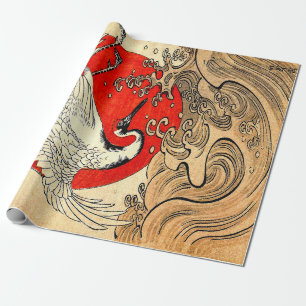 PAPIER CADEAU SOLEIL ROUGE, CRANE DE VOL JAPONAISE ET VAGUES MAR