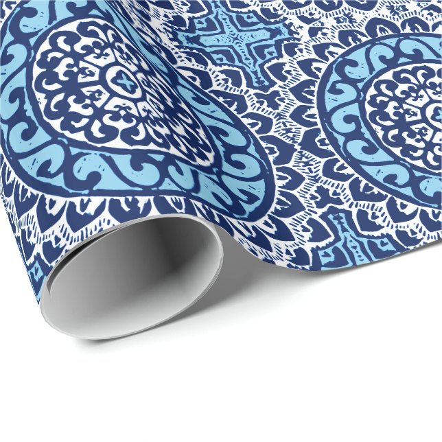 Papier Cadeau Soleil Sud-Ouest Mandala Batik, bleu marine et bla (Coin rond)