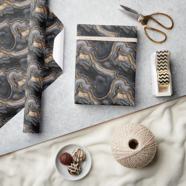 Papier Cadeau Sophisticated Dark Gray Marbled Gold Waves (Artisanat)