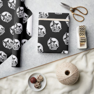 Papier Cadeau Sorcière avec un Chat et un Hibou - Amusement pour