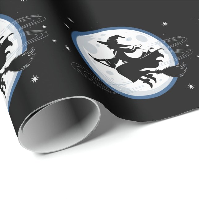 Papier Cadeau Sorcière Éffrayante d'Halloween traversant une Ple (Coin rond)