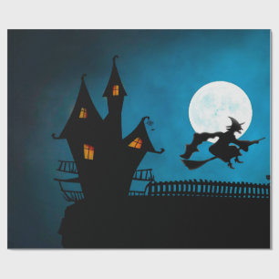 Papier Cadeau Sorcière effrayante volant sur son Broomstick