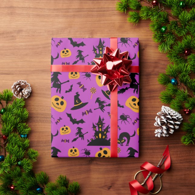 Papier Cadeau Sorcière et Motif Citrouille violet Halloween (Cadeau de vacances)