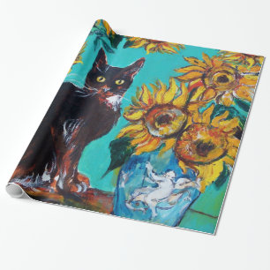 PAPIER CADEAU SOUCHES AVEC CHAT NOIR EN TURQUOISE BLEUE