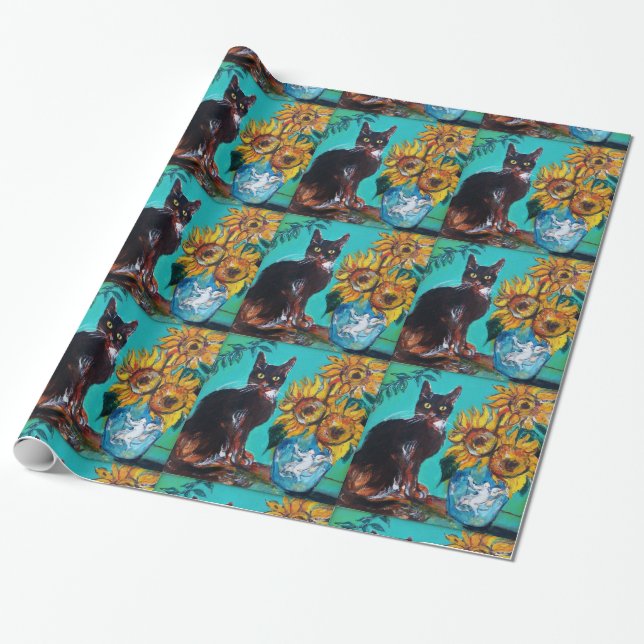 PAPIER CADEAU SOUCHES AVEC CHAT NOIR EN TURQUOISE BLEUE (Déroulé)