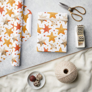 Papier Cadeau Souriant joyeux Rouges et Jaunes Étoiles Enfants