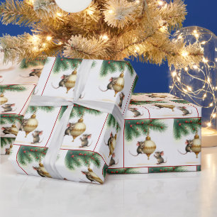 Papier Cadeau Souris Avec Ornement De Noël Or