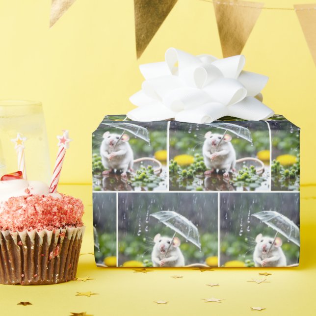 Papier Cadeau Souris Blanche Avec Parapluie (Fête d'anniversaire)
