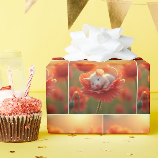 Papier Cadeau Souris blanche se tapant sur un cou rouge (Fête d'anniversaire)