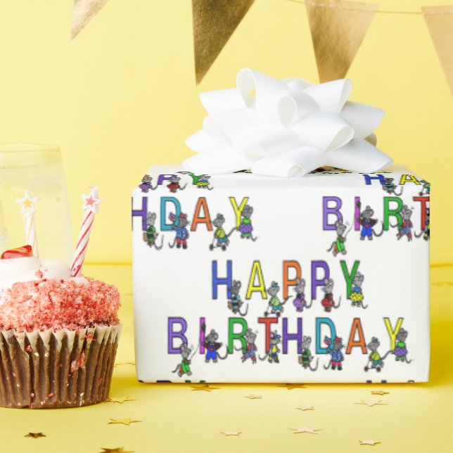 Papier Cadeau Souris d'anniversaire en blanc (Fête d'anniversaire)