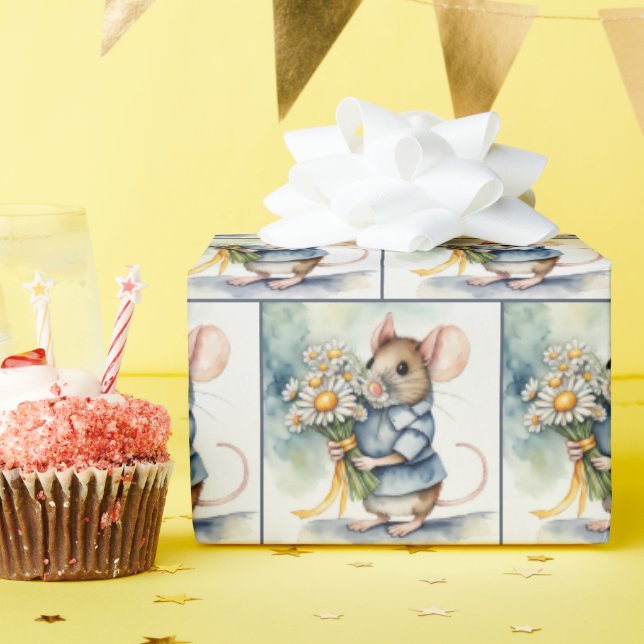 Papier Cadeau Souris D'Aquarelle Avec Bouquet De Maisy (Fête d'anniversaire)