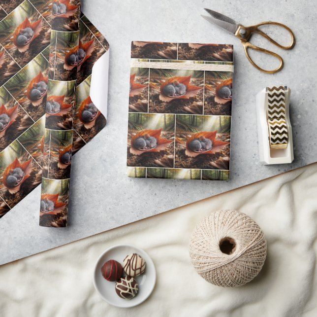 Papier Cadeau Souris dormant sur une feuille d'érable (Artisanat)