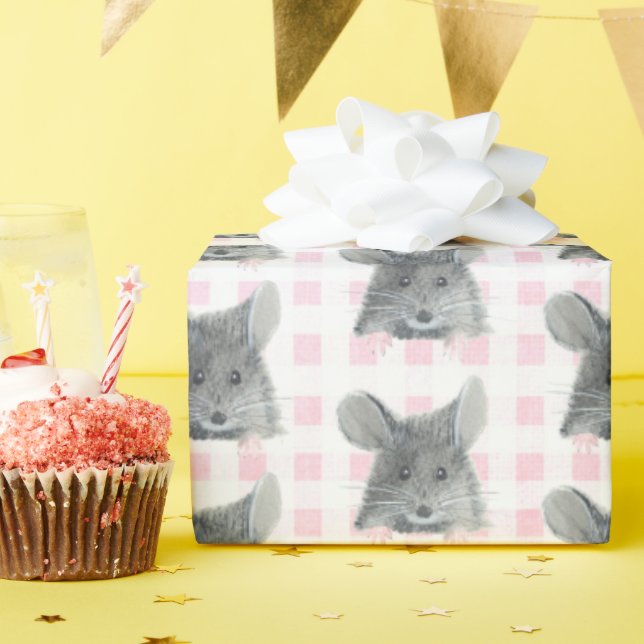 Papier Cadeau Souris gris sur En vichy (Fête d'anniversaire)