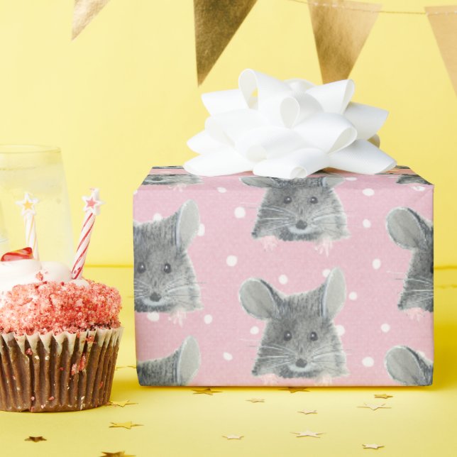 Papier Cadeau Souris grise sur Pois (Fête d'anniversaire)