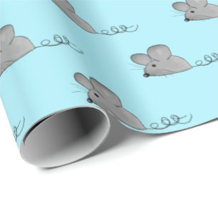 Papier Cadeau souris grises sur aqua clair