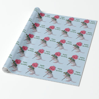 Papier Cadeau Souris tenant un grand rose de rose : Illustration