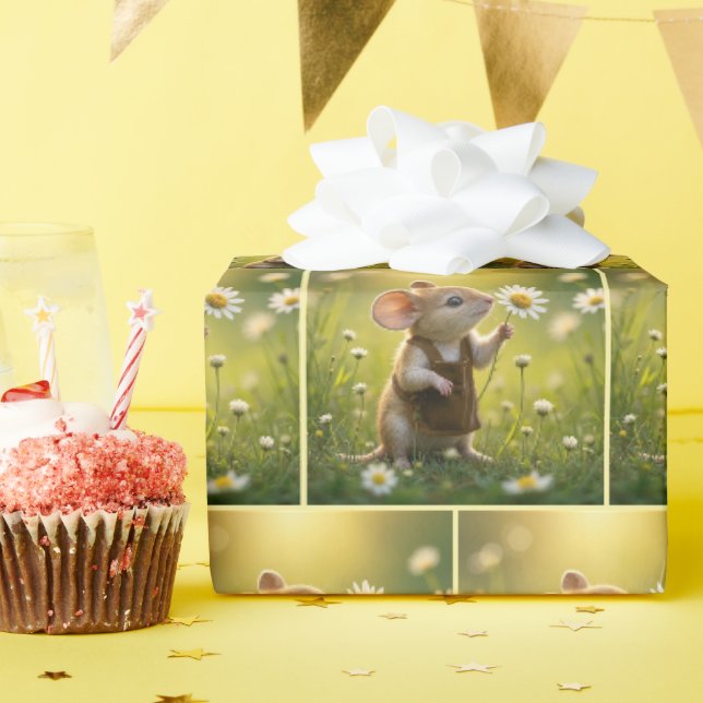 Papier Cadeau Souris tenant une marguerite blanche (Fête d'anniversaire)