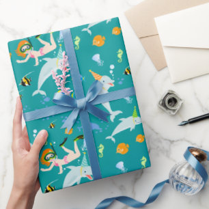 Papier Cadeau Sous la mer dauphins et fête d'anniversaire fille
