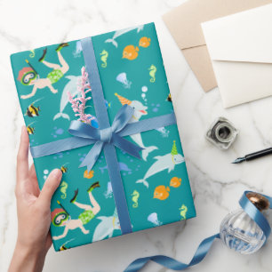 Papier Cadeau Sous la mer dauphins et fête d'anniversaire garçon