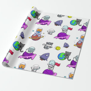 Papier Cadeau Space Astronaut cat Planet Wrapper Paper