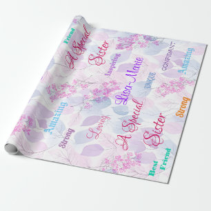 Papier Cadeau Spécial sœur, floral rose, pensée attentionnée