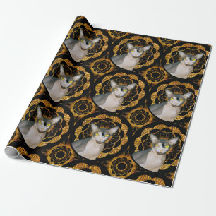 Papier Cadeau Sphynx Cat Ninja Style rétro noir et or