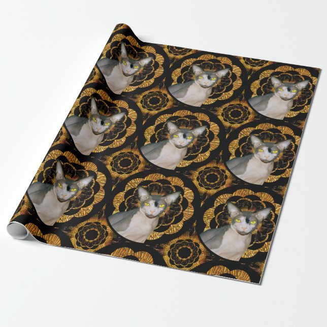 Papier Cadeau Sphynx Cat Ninja Style rétro noir et or (Déroulé)