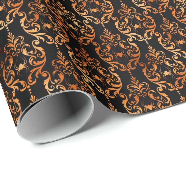 Papier Cadeau Spider Damask Cuivre noir Halloween Motif (Coin rond)