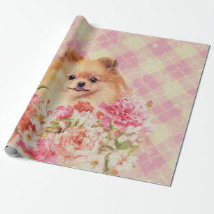 Papier Cadeau Spitz allemand mignon Poméranie avec fleurs