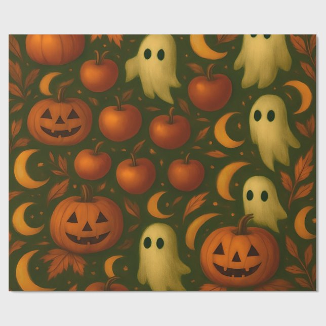Papier Cadeau 🎃 Spooky Autumn Wrapping Paper – Ghosts, Pumpkins (Plat)