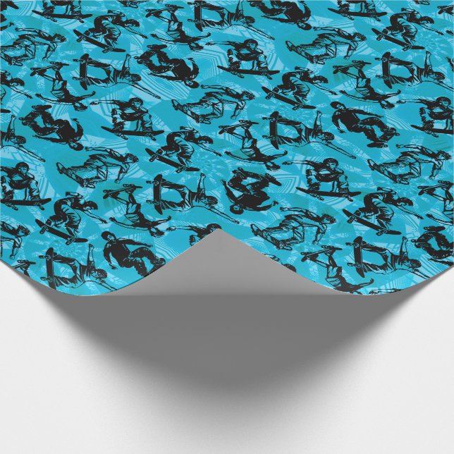 Papier Cadeau Sportif Skateboarder Blue Black Skater Boy Cool (Coin)