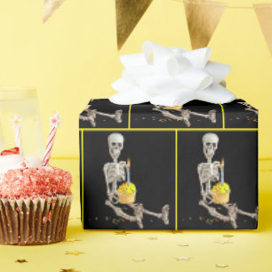 Papier Cadeau Squelette D'Halloween Avec Gâteau D'Anniversaire