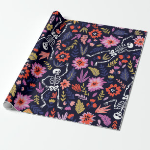 Papier Cadeau Squelettes dansants dans le jardin fleuri motif