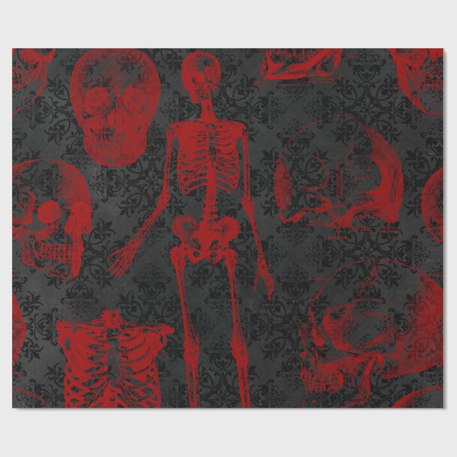 Papier Cadeau Squelettes gothiques noirs Damas Crimson (Plat)