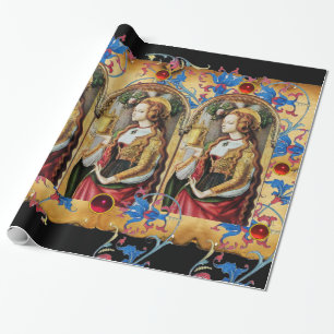 PAPIER CADEAU ST MARY MAGDALENE PARCHEMENT FLORAL BLEU GEMS ROUG
