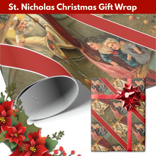 Papier Cadeau St. Nicholas Enfants Fruits Toys Fête Noël (Festive Christmas gift wrap with St. Nicholas handing out candy to the children! )