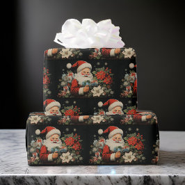 Papier Cadeau St Nicholas Noël Poinsettia Fleurs Noir