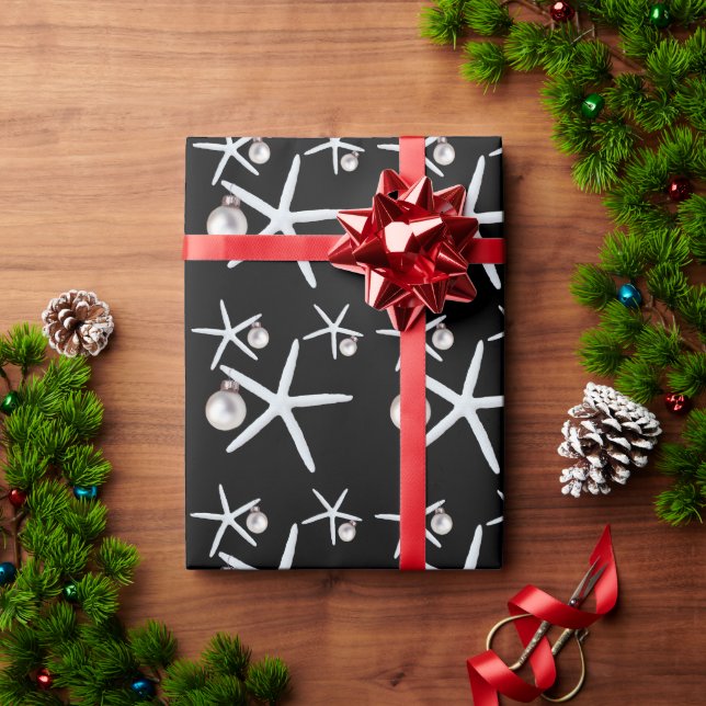 Papier Cadeau Starfish and Ornaments Black Tropical Christmas (Cadeau de vacances)