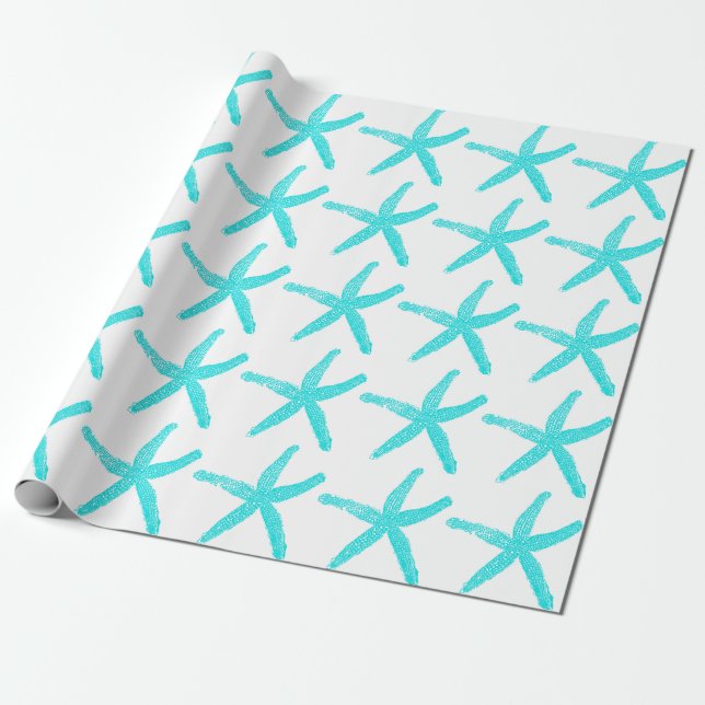 Papier Cadeau Starfish Motif clair Turquoise Plage blanche Noël (Déroulé)