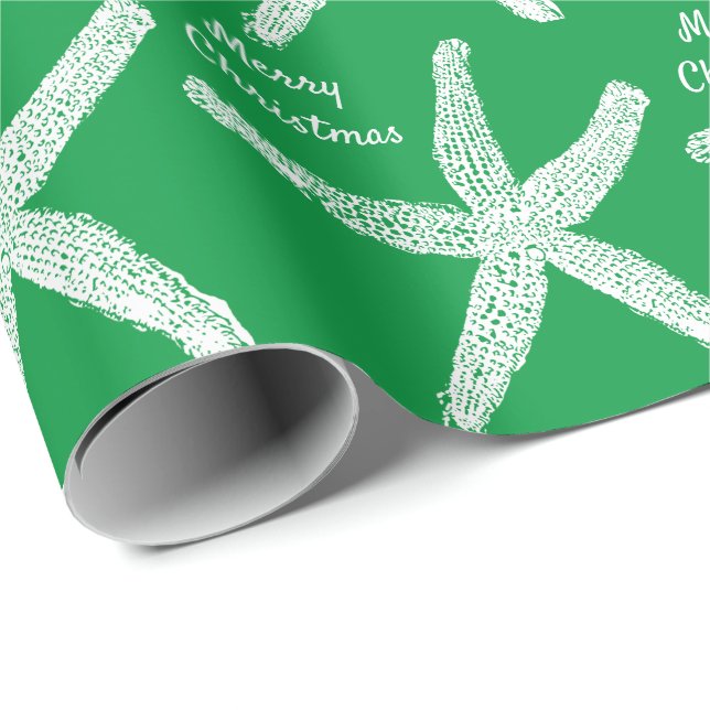 Papier Cadeau Starfish Motif Green White Beach Joyeux Noël (Coin rond)