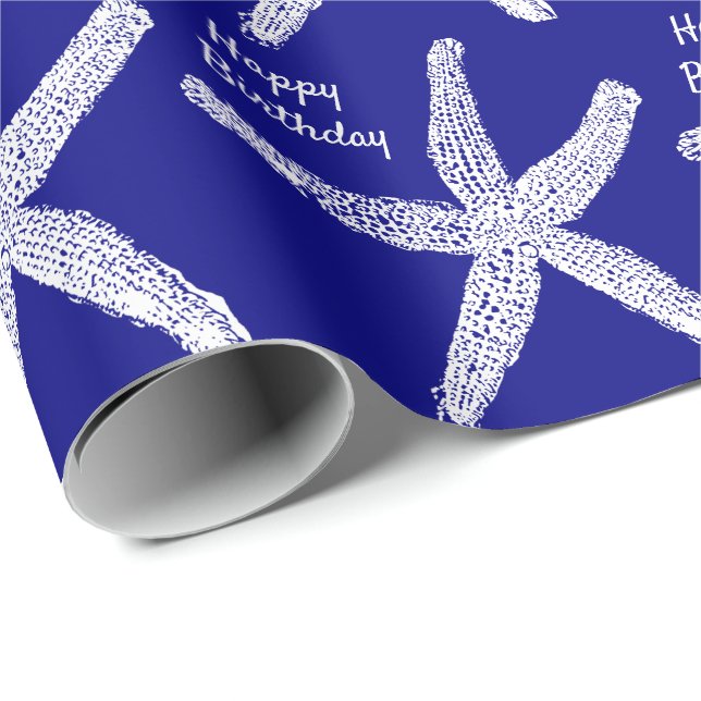 Papier Cadeau Starfish Motif Marine Bleu Blanc Joyeux Anniversai (Coin rond)