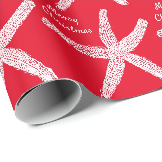 Papier Cadeau Starfish Motifs Red White Beach Joyeux Noël (Coin rond)