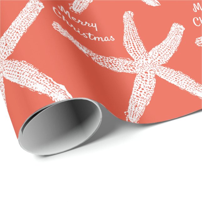 Papier Cadeau Starfish Orange White Beach Joyeux Noël 2024 (Coin rond)