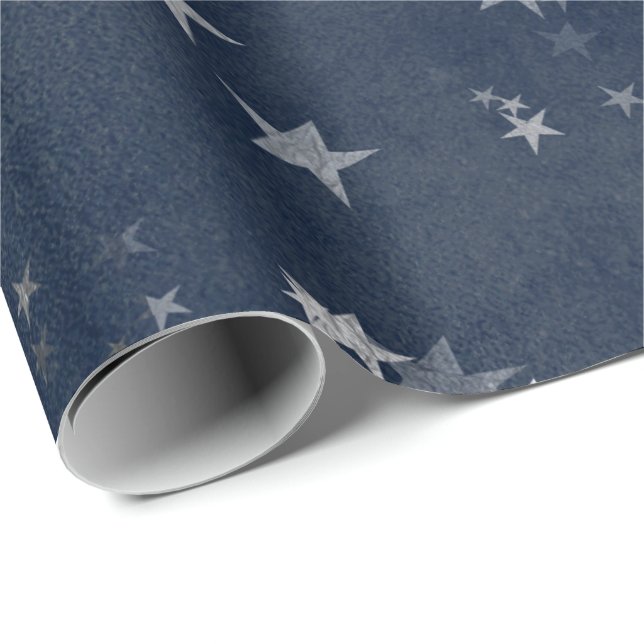 Papier Cadeau Starry Night Blue Navy Stars Grey Silver Confetti (Coin rond)