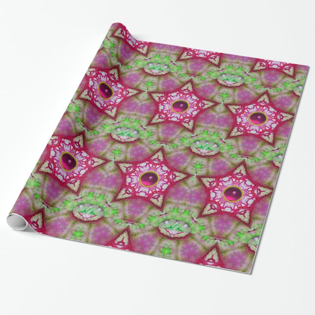 PAPIER CADEAU STARS ABSTRAITS DE FUCHSIA ROUGE ROUGE AVEC GEMS (Déroulé)